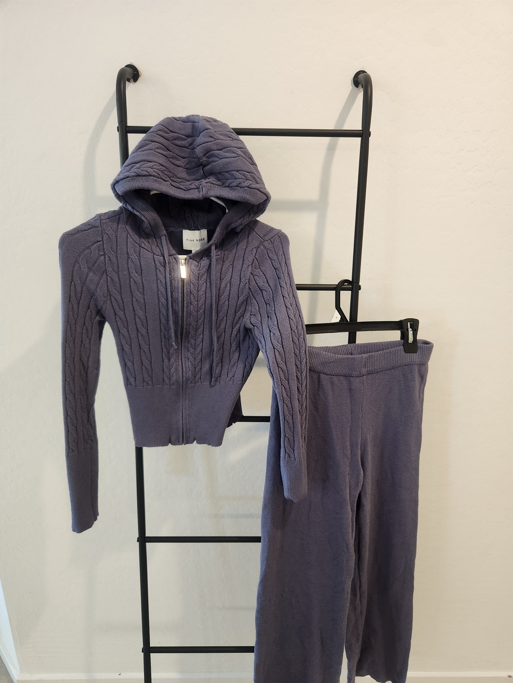 Pink Rose Knit Hoodie Set in Dusty Lavender-Gray